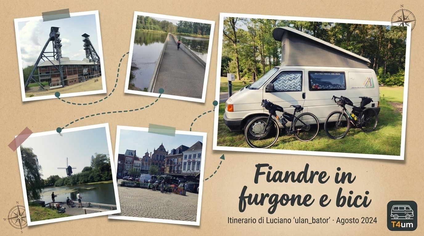 Collage di foto del viaggio su fondo di carta: le torri della miniera di Marcinelle, la pista ciclabile sul laghetto, un mulino con i pescatori, la piazza di Diest e il T4 con due bici, con il titolo «Fiandre in furgone e bici»