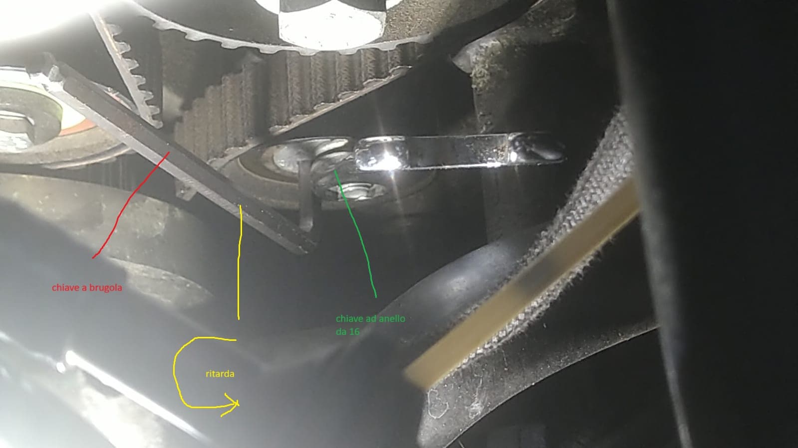Adjusting the idler: Allen key on the eccentric pin, 16 mm ring spanner on the nut, rotation to retard