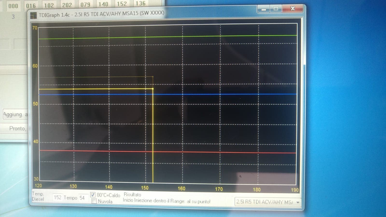 VCDS graph after the adjustment: value 54, start of injection within range