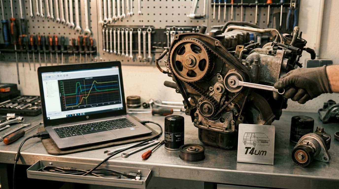 TDI engine on the bench with the timing belt exposed and a laptop showing the VCDS timing graph