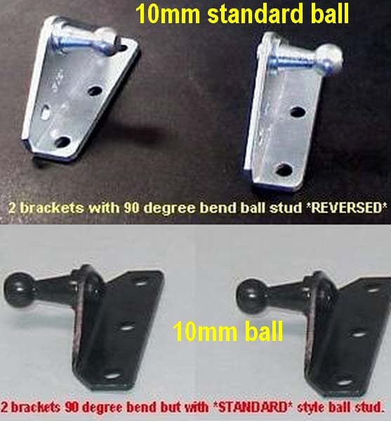90 degree L-shaped brackets with a 10 mm ball stud, in the reversed and standard versions