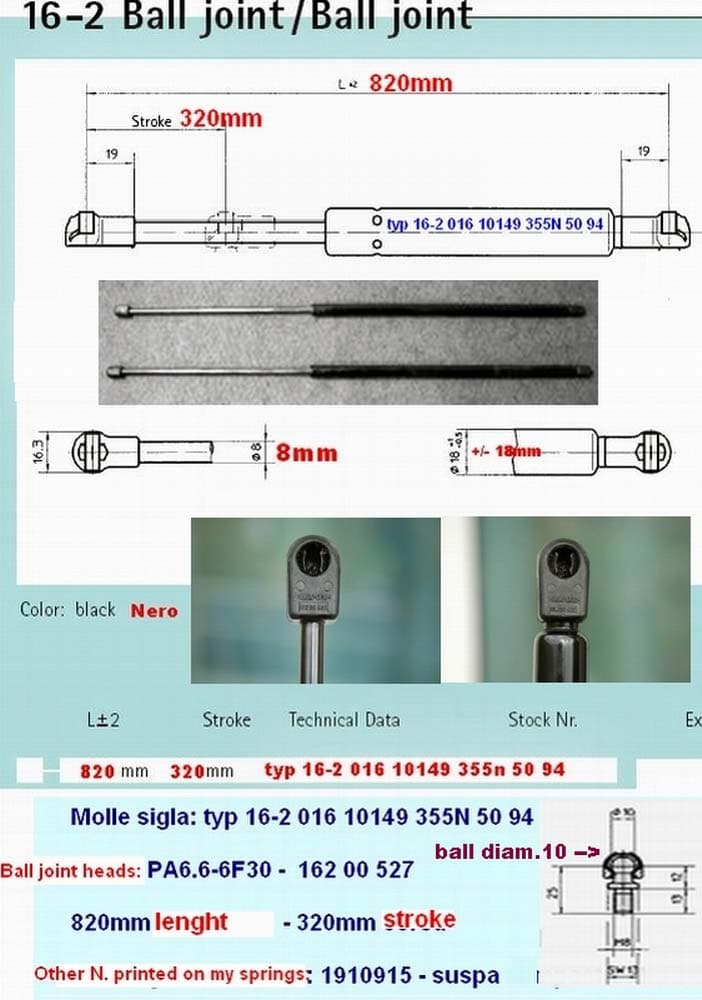 Data sheet of the compatible strut type 16-2 016 10149: 355 N, length 820 mm, stroke 320 mm, 10 mm ball ends