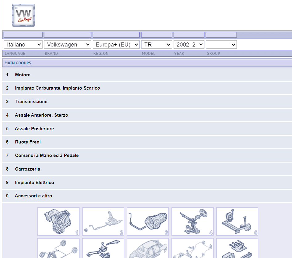 Catalogo CarProg2 su IFINTERFACE: menu di selezione del veicolo e gruppi funzionali da 0 a 9