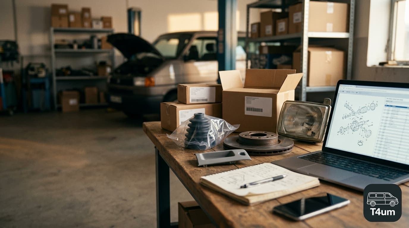 Banco in officina con ricambi, scatole e un portatile aperto sul catalogo esploso, con un T4 sullo sfondo