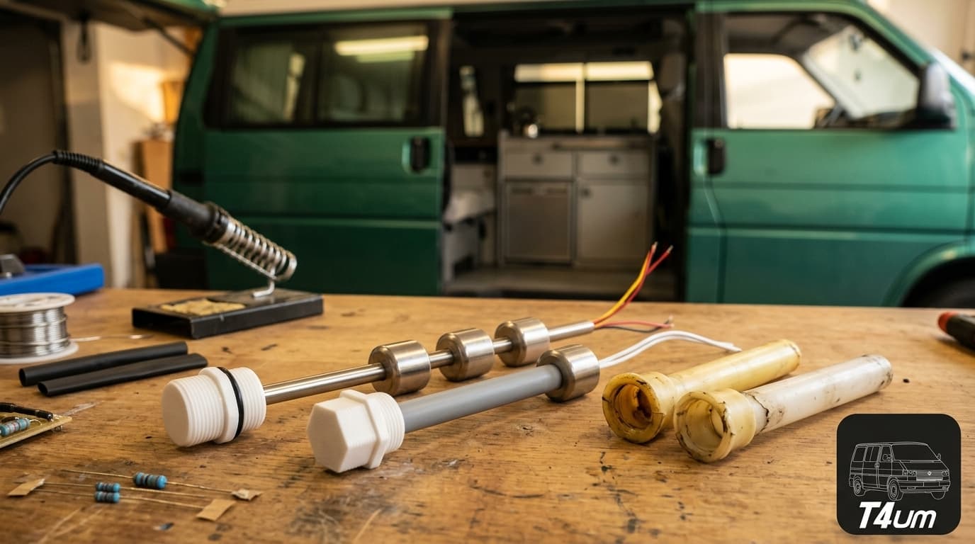 New level sensors with 3D-printed caps and stainless steel floats on the bench, next to the original sensors and a T4 California