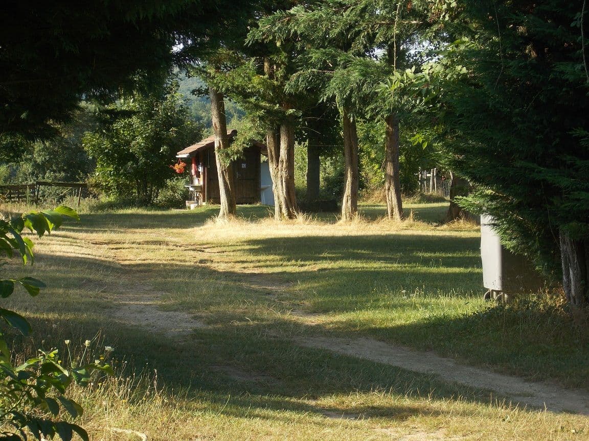 The tree-lined meadow of the Chatonnay campsite with the washroom hut in the background